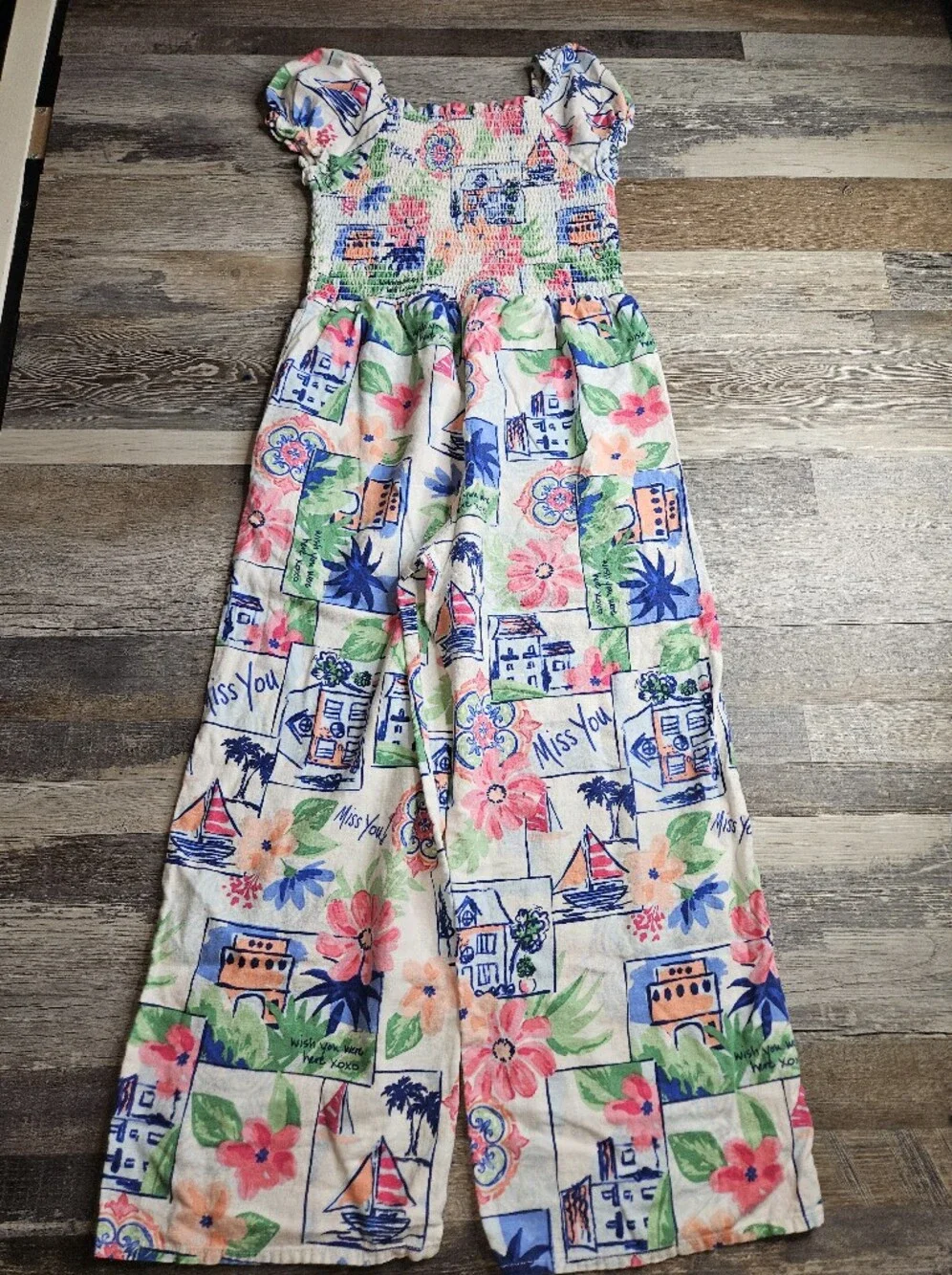 Gymboree Mommy & Me Vacation Linen Blend Smocked Jumpsuit Sz 10 Italian Riveria
